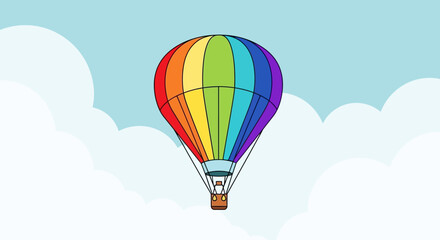 Fototapeta premium Rainbow hot air balloon floating in cloudy sky, illustration