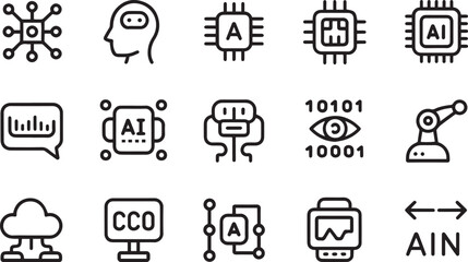 Fototapeta premium Artificial Intelligence, Machine Learning, and Future Robotics Line Icon Set