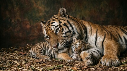 Obraz premium Mother Tiger Resting with Cub in Straw Nest for International Tiger Day Family Conservation Concept