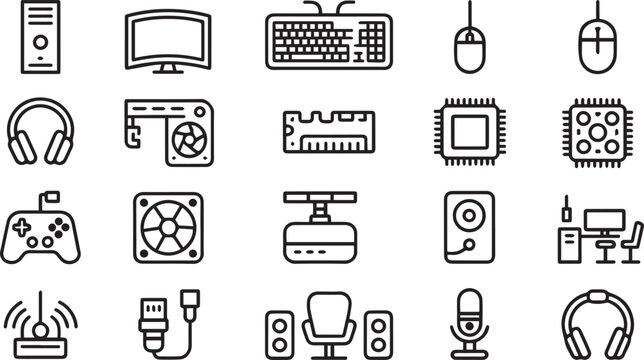 Computer hardware components and office furniture line icon set with keyboard, mouse, processor, fan, and chair