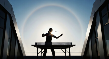 Fototapeta premium Silhouette Table Tennis Player On Rooftop With Sun Halo Backlight During Outdoor Match