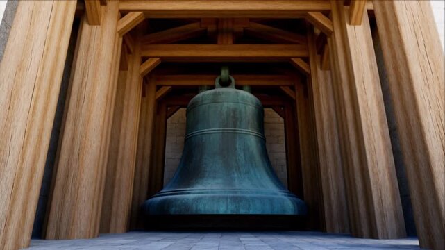 白い霧が瞬時に歴史的な大聖堂の鐘楼と巨大な青銅の鐘へと変化し見上げる背景映像