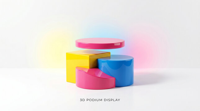 Vibrant abstract product display podium featuring colorful geometric cylinders and glowing gradient lighting effects. Ideal for trendy advertising campaigns, modern cosmetic promotions, ecommerce bann
