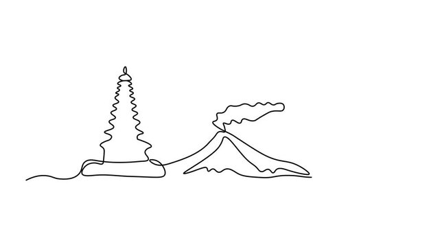 Bali. tropical island with a pagoda temple, smoking volcano and palm treesSelf drawing animation one continuous line draw, logo on white background