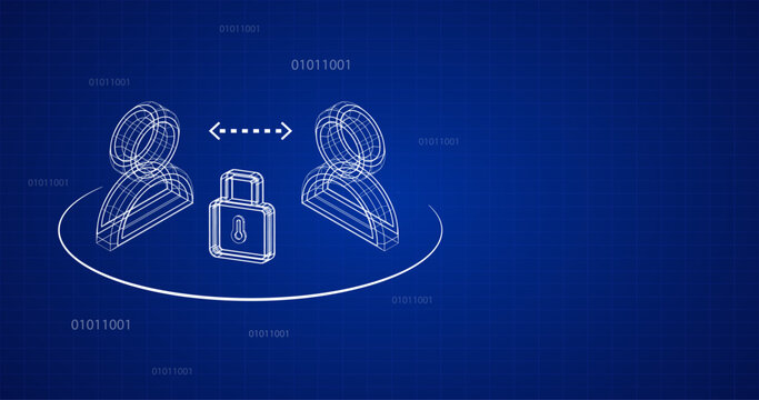 Secure user wireframe blueprint icons with a code padlock and digital matrix binary backdrop, providing optimal right copy space for cyber security marketing text.