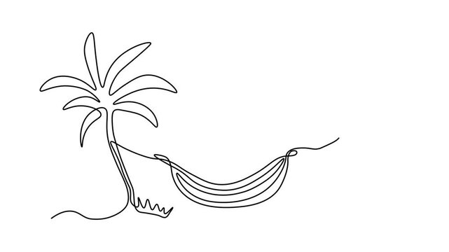 A serene hammock swings between two palm trees, evoking a tropical getaway vibe. Self drawing animation one continuous line draw, logo on white background