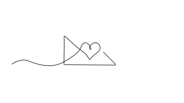 Minimalist continuous line art of a closed envelope featuring a heart symbol, representing a love letter or romantic message, Self drawing animation one continuous line draw, logo on white background