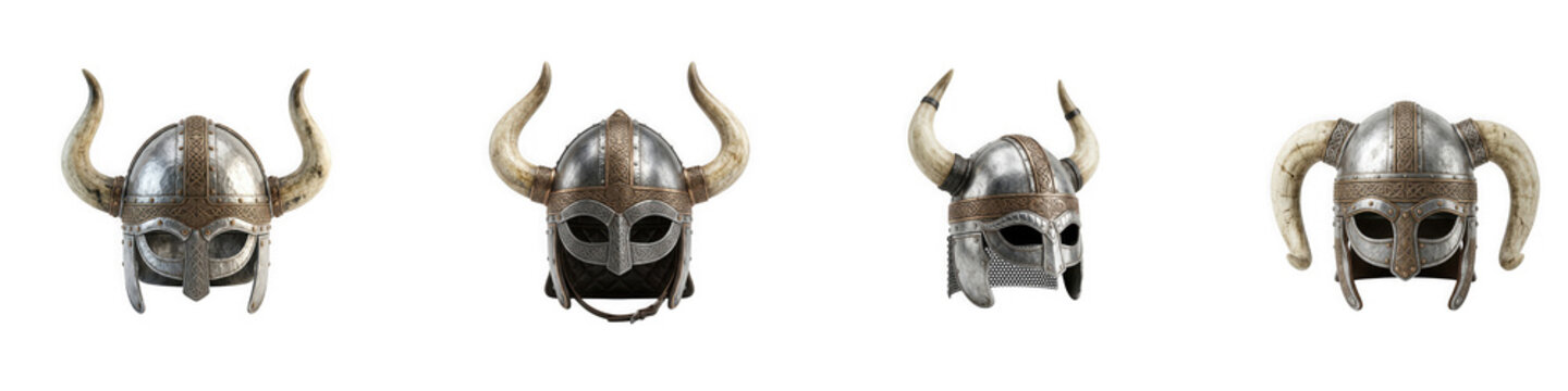 Collection of four distinct medieval viking warrior helmets isolated on transparent background