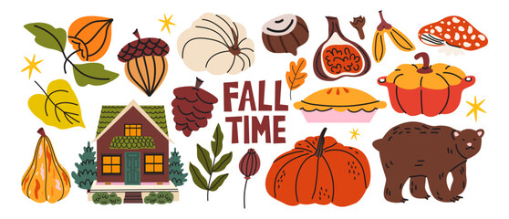 Set of cozy autumn stickers in cartoon style. Forest house, bear, pumpkins, pie, acorns, mushrooms and colorful leaves. Warm elements for seasonal cozy mood and holiday decoration © luamor