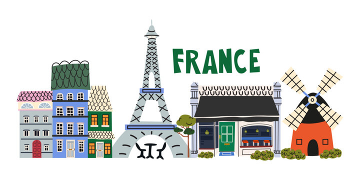 Paris city street vector illustration with cute traditional houses, Eiffel tower, cafes, bicycle and France lettering. European travel concept background in cartoon modern style