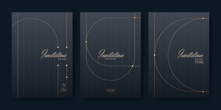 Elegant invitations set with golden lines on black background. Vector realistic illustration of premium card designs collection, luxury event flyer layout with gatsby style pattern, vip menu frame