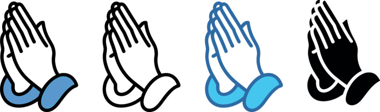 Praying hands vector icon set showing folded hands in gesture of prayer, faith, gratitude, hope, and religious spiritual devotion