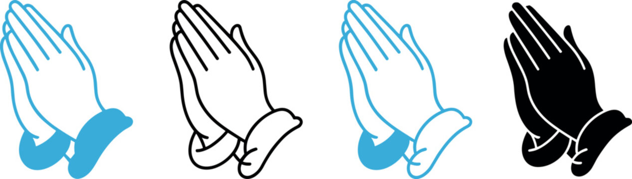 Praying hands vector icon set showing folded hands in gesture of prayer, faith, gratitude, hope, and religious spiritual devotion