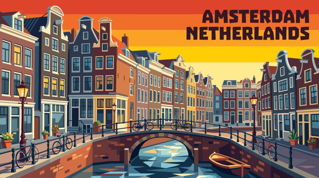 amsterdam canal skyline with historic downtown netherlands waterfront travel destination cityscape vector illustration