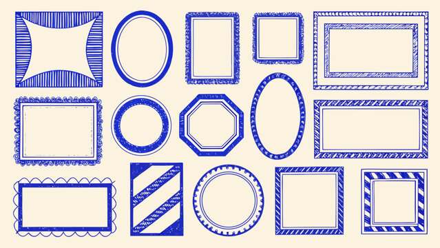 empty frames collection in blue line art style lines frame decorative borders geometric shapes oval rectangular hexagonal scalloped edges striped patterns