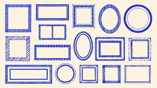 empty frames collection in blue line art style lines frame rectangular oval border designs sketchy decorative borders picture artistic graphic design