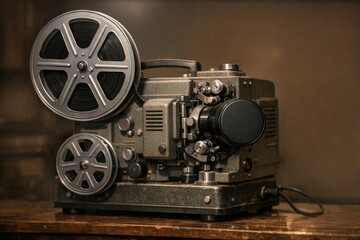Naklejka premium A movie projector sits atop a wooden table, ready for use