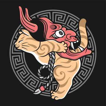 Japanese oni cat head vector illustration, traditional irezumi demon cat mascot design.