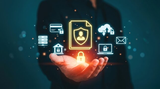 A business professional holding glowing cyber security icons representing digital data protection.