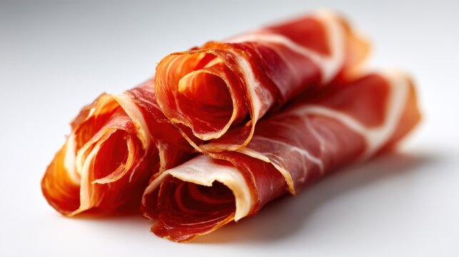 This image showcases beautifully rolled slices of cured ham, emphasizing the intricate texture and vibrant colors that highlight the craftsmanship of traditional charcuterie.