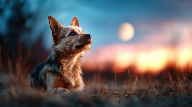 A faithful dog lies attentively in nature, illuminated by the golden hues of a sunset sky, capturing a moment of serenity and companionship in the great outdoors.