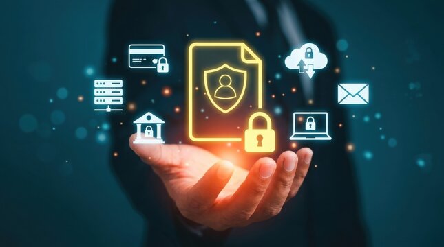 A business person holds a glowing digital interface showing various icons for data security systems.