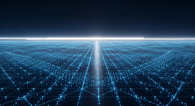 Abstract Digital Network Grid with Glowing Light Horizon.
