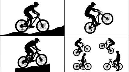 Obraz premium Bicycle stunt silhouette illustration collection with uphill riding, wheelie, obstacle tricks, and jump sequence, symbolizing sport, lifestyle, creativity, and design concepts