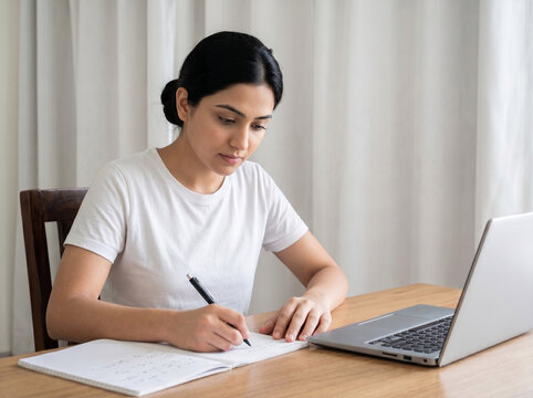 Indian government exam aspirant studying at desk with notebook and laptop for competitive examination preparation concept