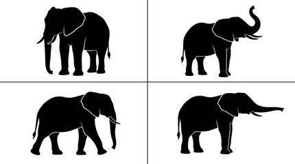 Elephant Silhouette Collection Featuring Wildlife Animal Poses with Tusks and Raised Trunks for Safari and Nature Design Projects © mokbul