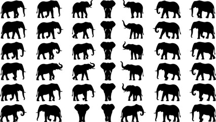 Elephant Silhouette Collection Featuring Wildlife Animal Profiles with Raised Trunks for Safari, Nature, and Conservation Design Projects © mokbul