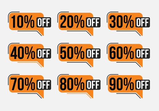 Special offer discount with different value percent off. 50, 20, 40, 70, 25, 35, 65 percentage price reduction labels. Seasonal offer stickers, and marketing banner vector design. 