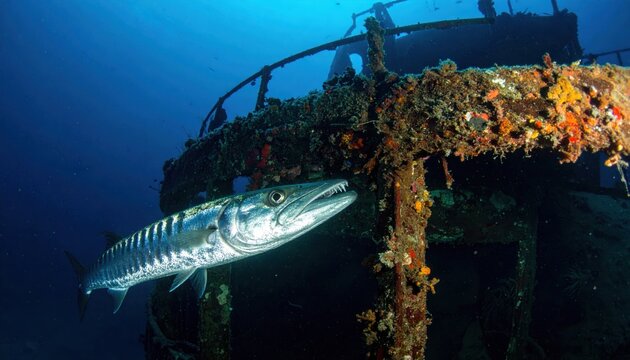 A formidable Barracuda fish with sharp teeth lurks near a barnacle-encrusted shipwreck in the deep blue ocean.