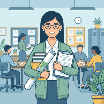 Teacher in classroom holding books and map with students