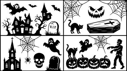 Obraz premium Halloween Horror Silhouette Collection Featuring Haunted Houses, Ghosts, Pumpkins, Zombies, and Spooky Graveyard Design Elements
