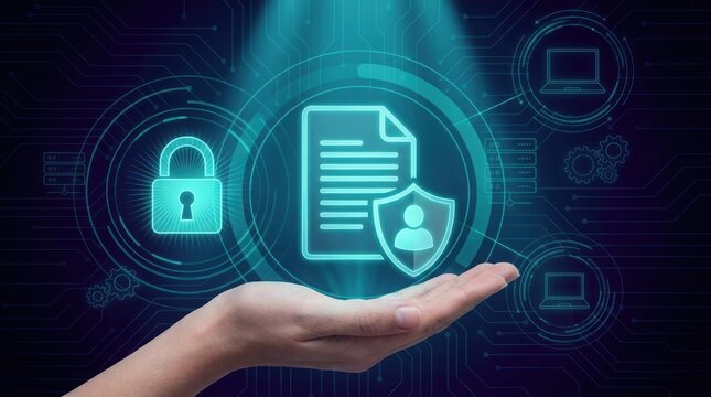 A human hand holding a glowing digital interface showing secure data protection and privacy symbols.