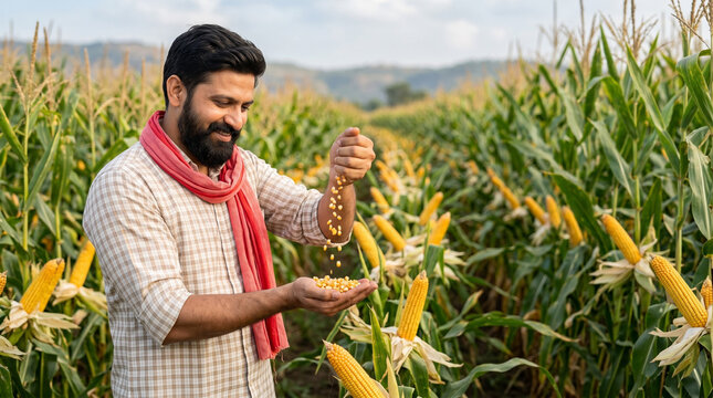 Successful Indian farmer examining maize kernels in mature corn field with copy space