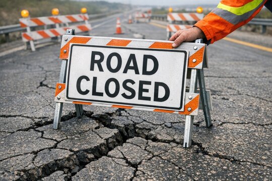 A road closure sign on the side of a road with a clear message for drivers