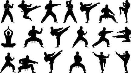 Martial Arts Silhouette Collection Featuring Karate, Taekwondo, and Kung Fu Action Poses for Fitness and Sports Design Projects © mokbul