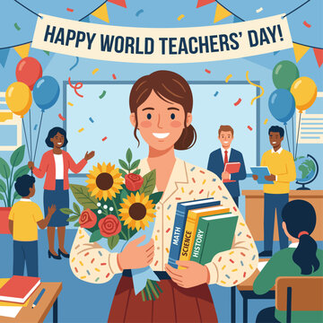 Happy World Teachers Day illustration with diverse teachers and studen
