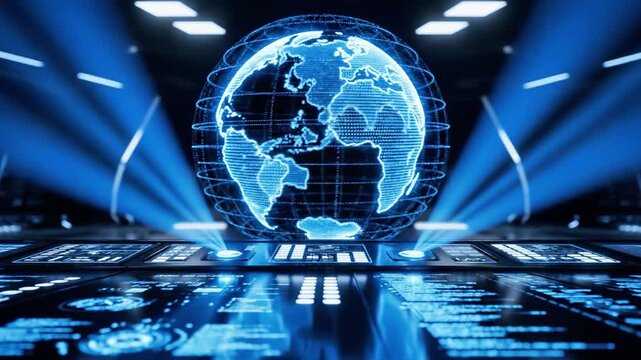 A futuristic digital representation of the Earth surrounded by glowing blue lines and screens