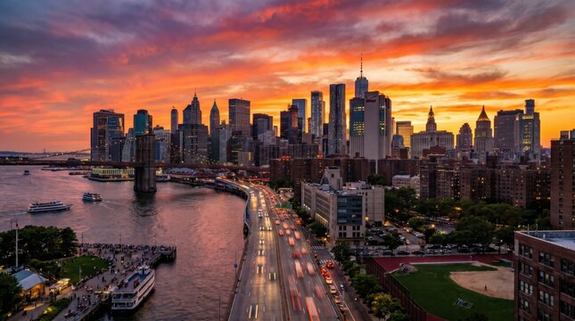 Stunning Sunset Over New York City Skyline with River View