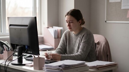 Fototapeta premium Focused young woman working at a modern office desk with a computer and paperwork