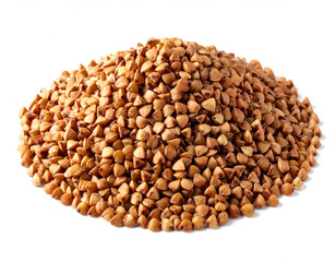 Fototapeta premium Minimalist agricultural ingredient photography highlighting a neat pile of raw brown buckwheat grains on a white surface.