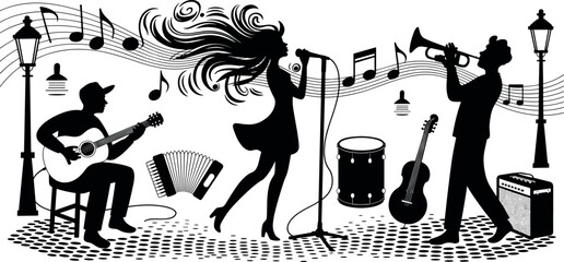 Silhouettes of a musical band performing on a city street featuring a singer, guitarist, and trumpet player illustration © Md