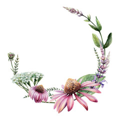 Echinacea, sage and yarrow wreath watercolor illustration template. Floral herbs frame with copy space for organic pharmacy branding, natural cosmetics label design, wellness greeting card © AnKa