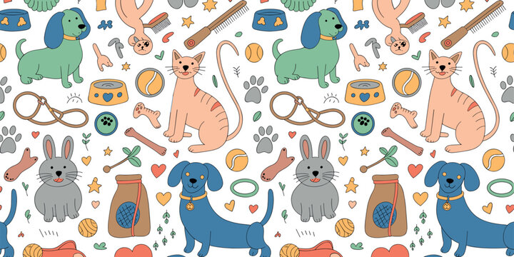 Seamless pattern with cute hand-drawn pets, dogs, cats, rabbits, and various pet supplies on a white background.