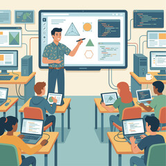 Fototapeta premium Teacher teaching coding to students using laptops and tablets