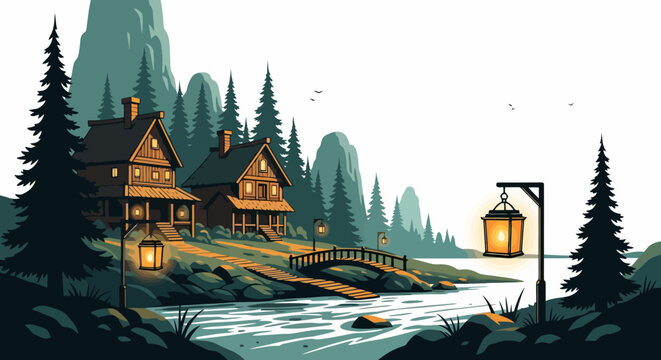 Cozy wooden cabins nestled by a serene river, illuminated by a warm lantern light.