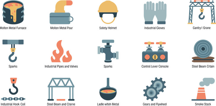 Set of flat vector icons featuring industrial manufacturing equipment steel production machinery safety gear and metal processing tools